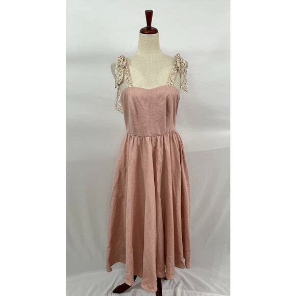 BEDRA Vintage Sz S Small Pale Pink Linen Tie Shoulder Midi Juliet Dress NWT - Picture 2 of 13